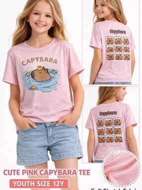 Cute Capybara Graphic T-Shirt Youth Size 12 Pink Cartoon Animal Tee Kids